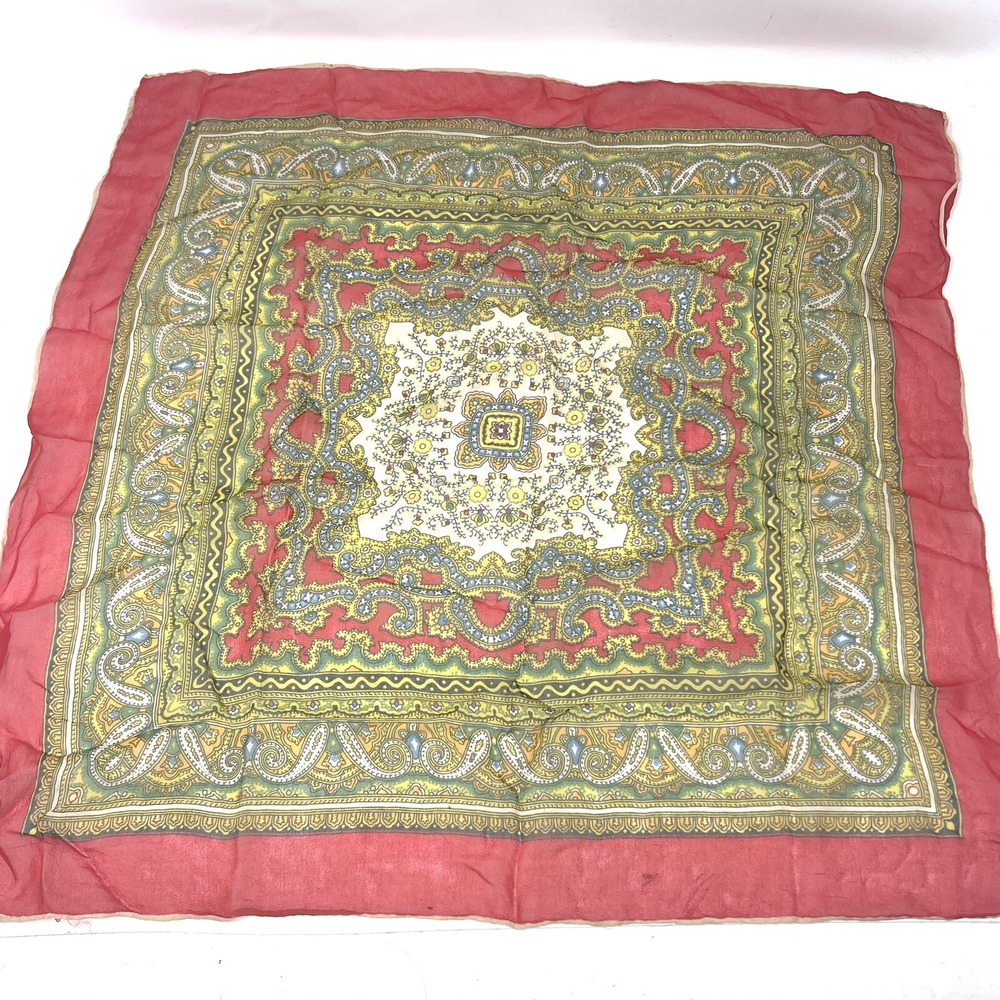 Vintage Burmel Red Green Yellow Paisley Square Scarf Hand Rolled 21" X 21"